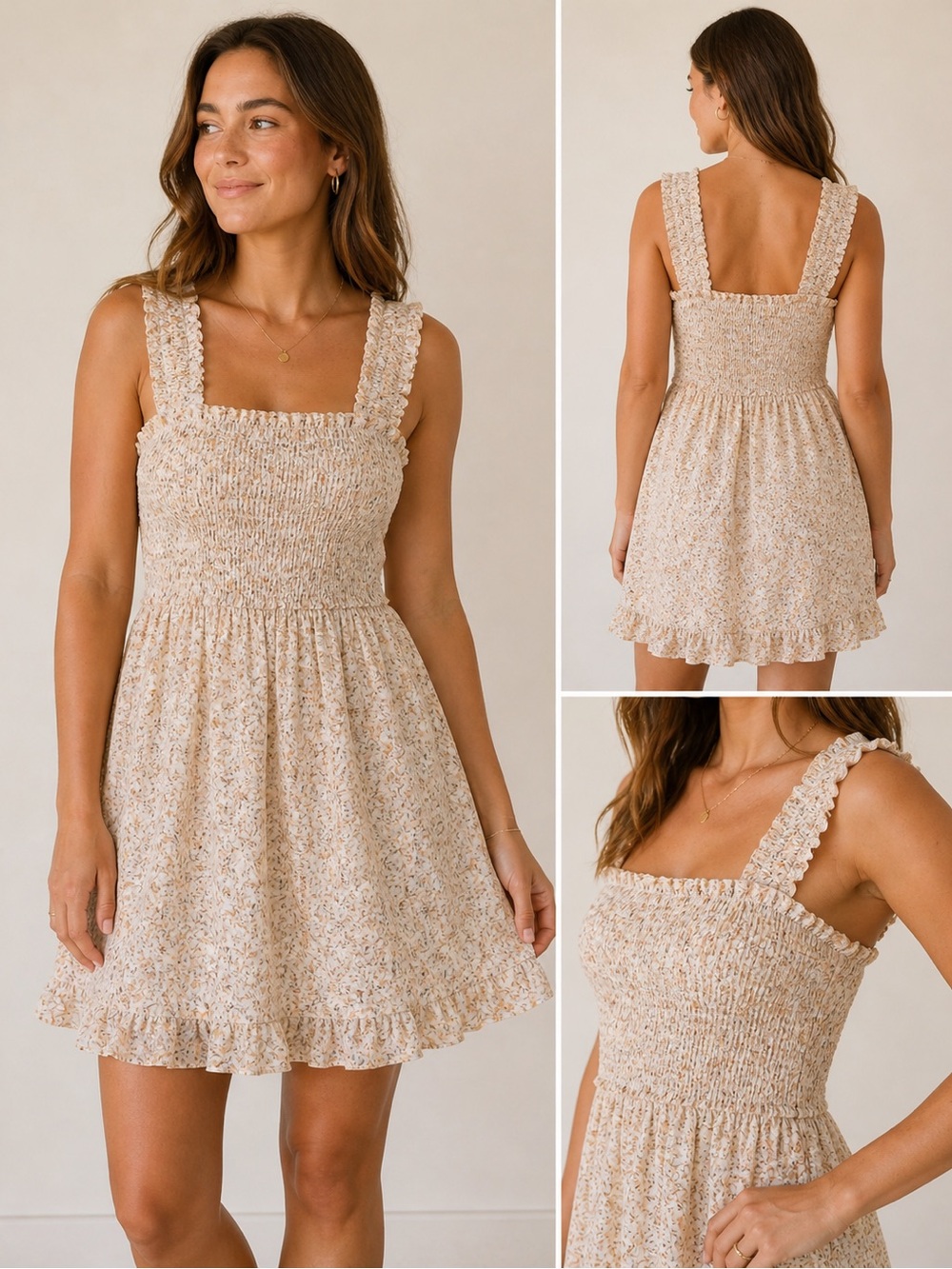 Madewell Cream Floral Smocked Sundress with Peach Accents